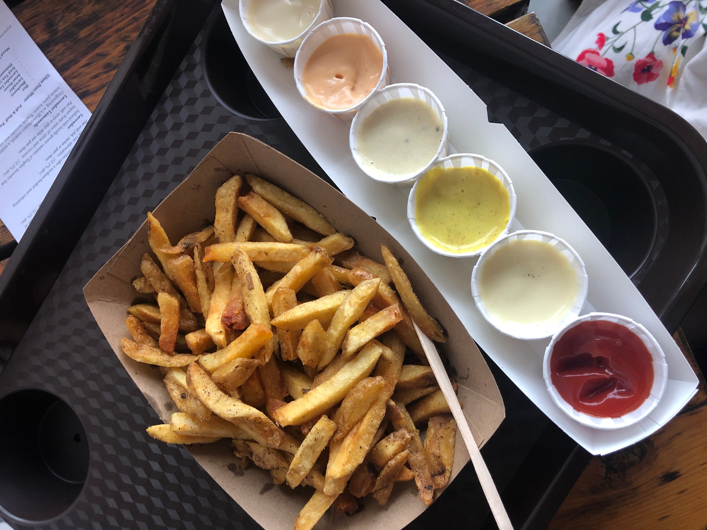 duckfat fried fries and a flight of sauces