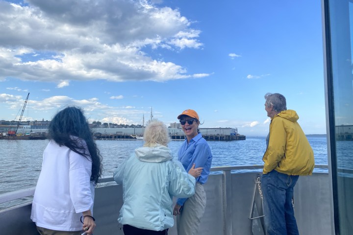 a group of people standing next to a body of water