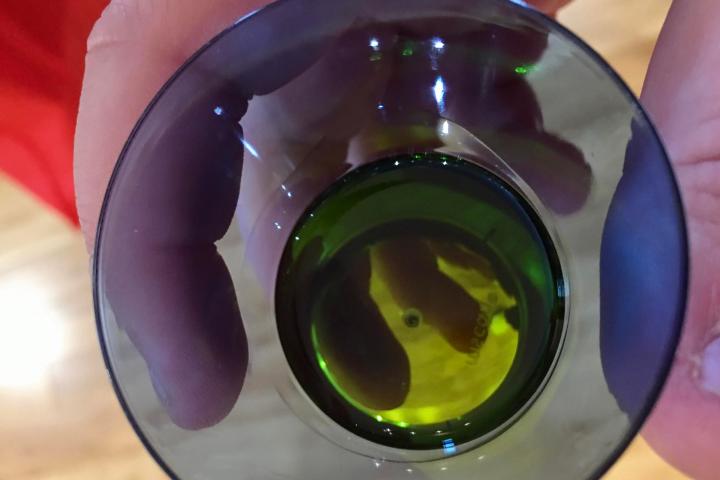 a hand holding a glass of beer on a table