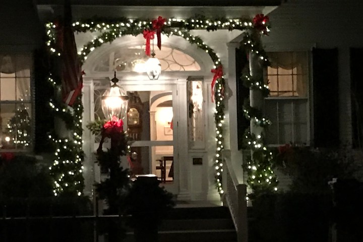 a christmas tree lit up at night