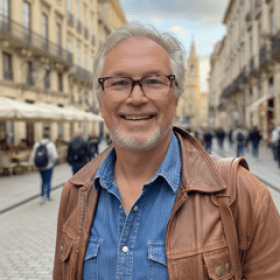 Smiling man in a leather jacket on a cobblestone street with people in the background.