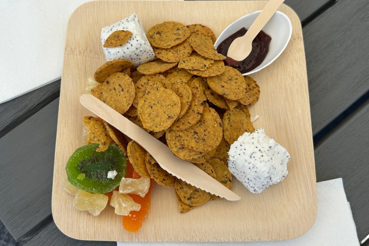 Wooden plate with crackers, fruit, cheese, and dip.